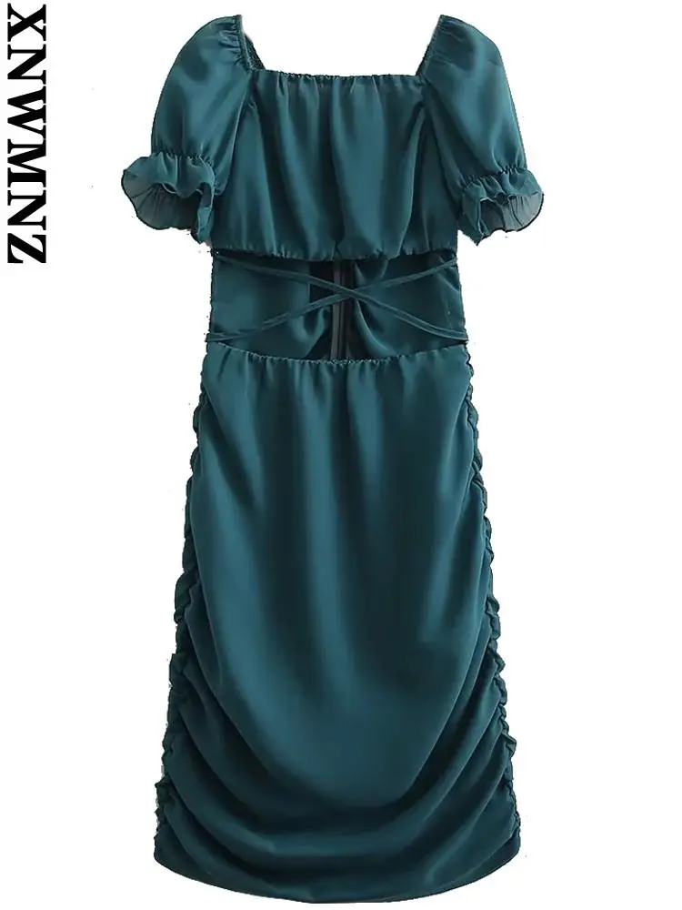 

XNWMNZ elegant evening dress Women fashion hollow out chiffon pleated midi dress chic square collar short sleeve female dresses