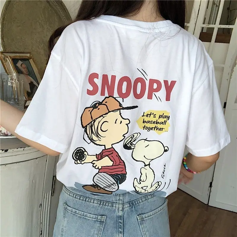 

Kawaii Snoopy летняя футболка с мультяшным принтом женская футболка из чистого хлопка с круглым вырезом свободная плюшевая с коротким рукавом дл...