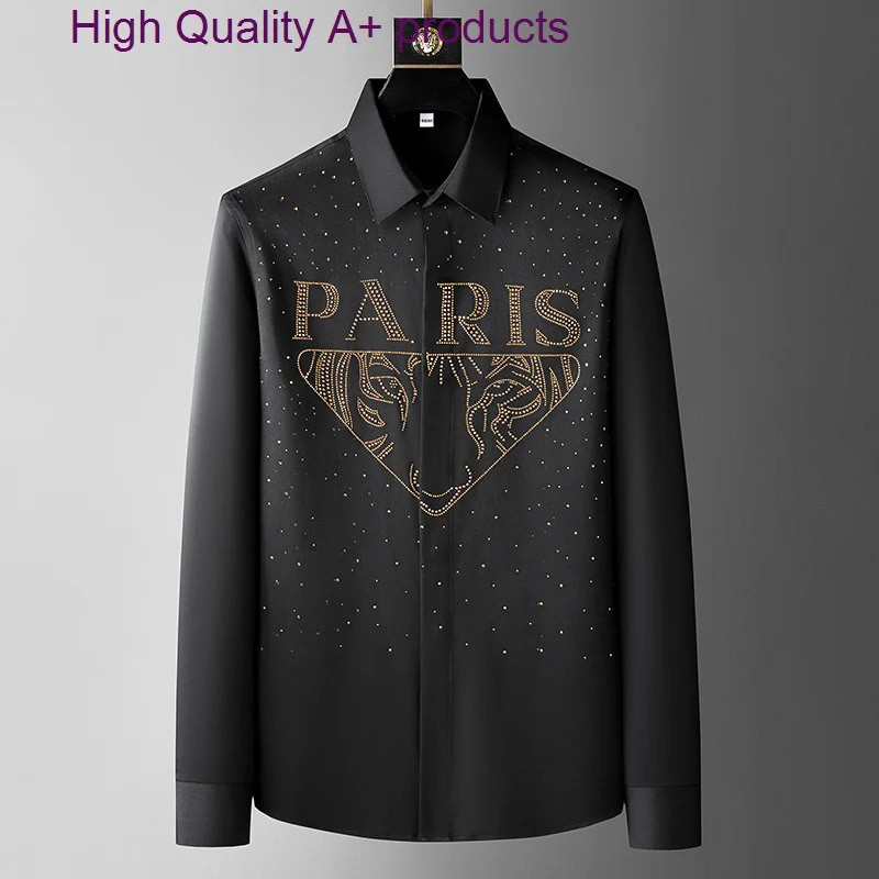 

Letter Rhinestones Shirts for Men Long Sleeve Slim Casual Shirt Business Social Dress Party Tuxedo Blouse Camisa Hombre