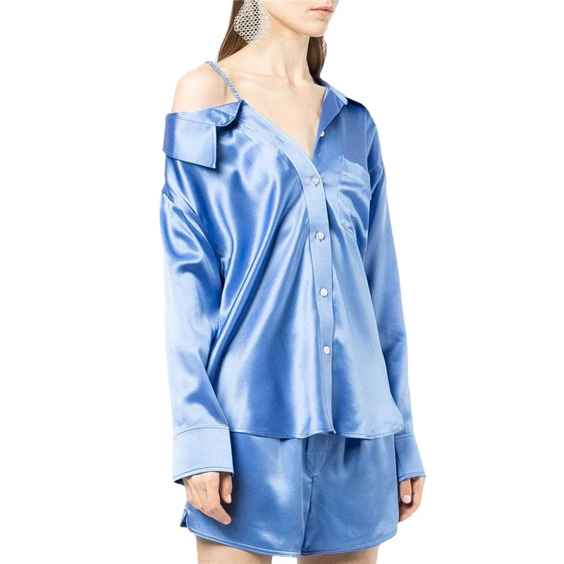 

Женская атласная рубашка с длинным рукавом, асимметричная однобортная Свободная рубашка в стиле High Street с отложным воротником и открытыми п...