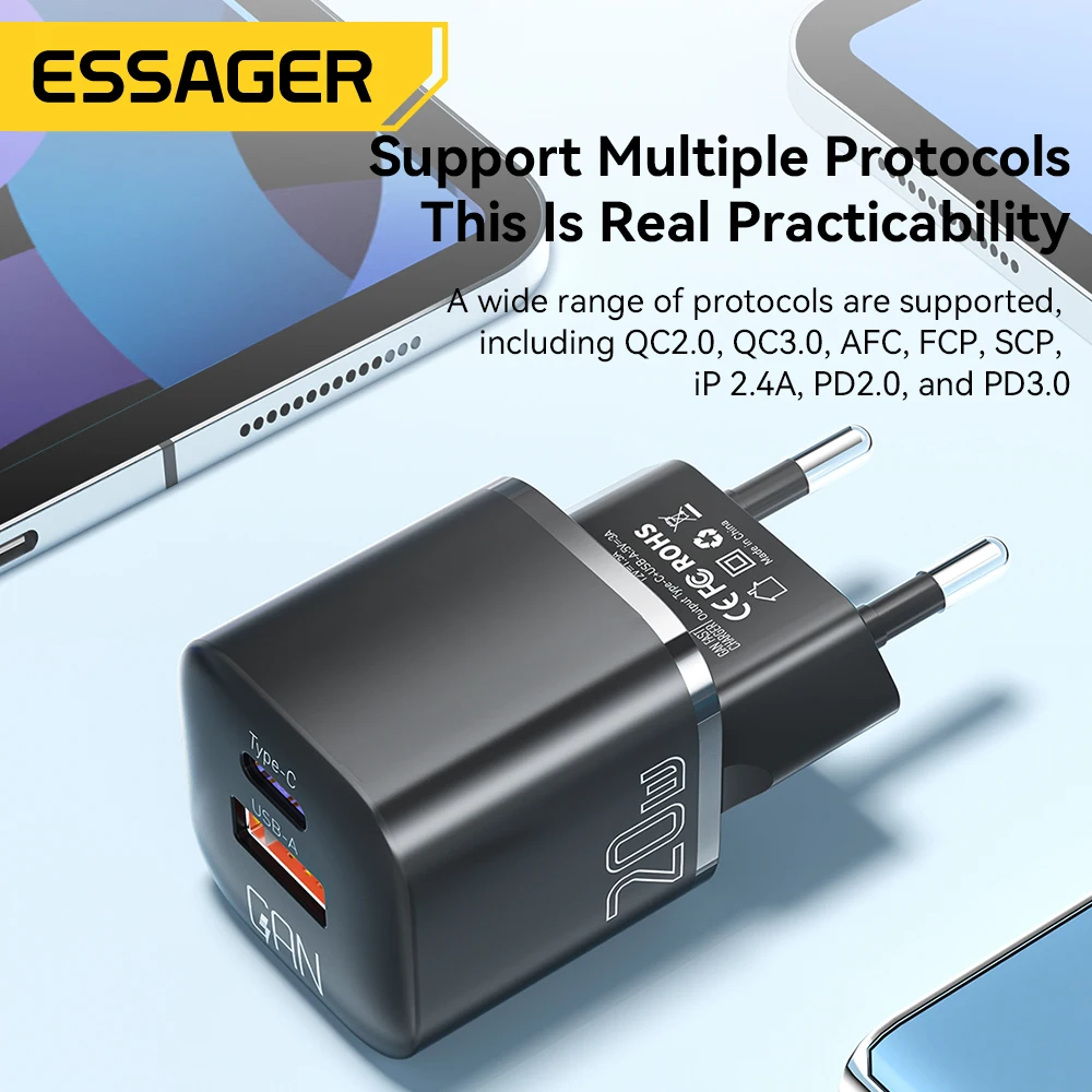 Essager 20W GaN USB Type C Charger PD Fast Charge Phone QC 3.0 Quick Chargers For iPhone 14 13 12 11 Pro Max Mini iPad Charging |