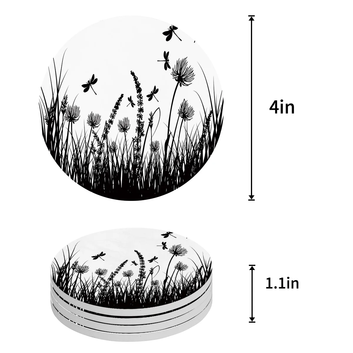 Подставки с черными цветами травой стрекозой керамический набор круглые