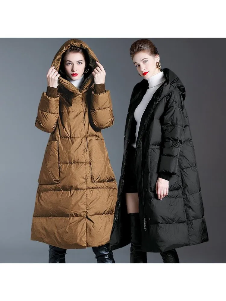 European Style 2022 Winter High End Loose Hooded Padded Black Long 90 White Duck Down Coats Women Warm Bread Clothing Jackets
