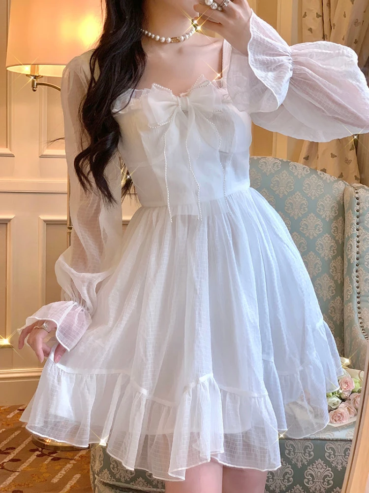 

Deeptown Lolita Fairycore White Corset Dress Women French Vintage See Through Ruffle Bow Long Flare Sleeve Princess Prom Dresses