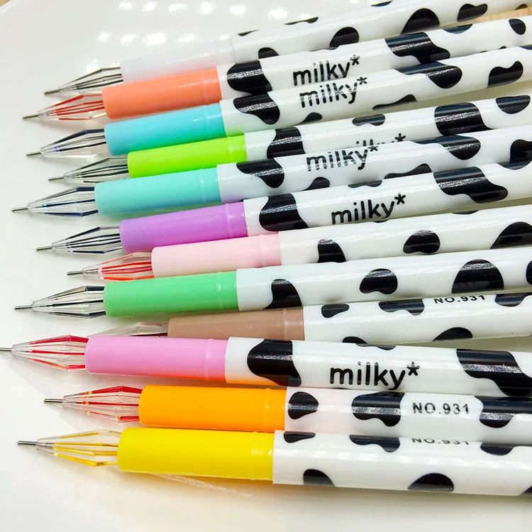 24PCS Wholesale Korean Cartoon Milky Cow 12-color Diamond Gel Pen Color 0.38mm Student Ink Pen