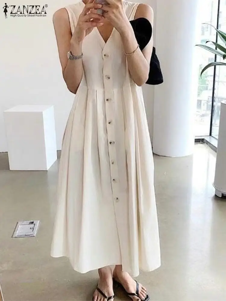 

Oversized Elegant Women Summer Sundress ZANZEA Fashion V Neck Sleeveless Solid Long Dress Button Up Vestidos Loose Robe Femme