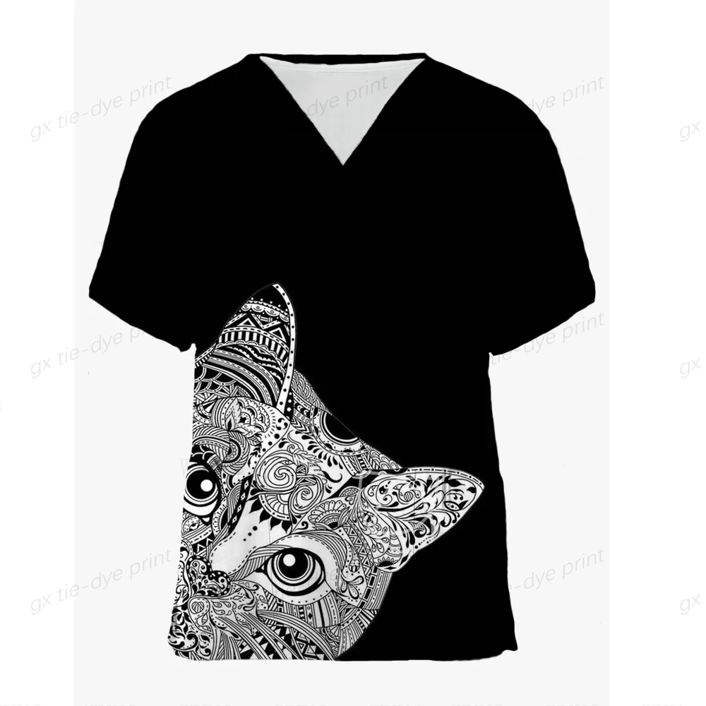 

Unisex Working Uniform Black Cat Print Pocket Blouse Nurse Uniform Women Short Sleeve V-neck Scrub Tops Healthcare Carer Tunic