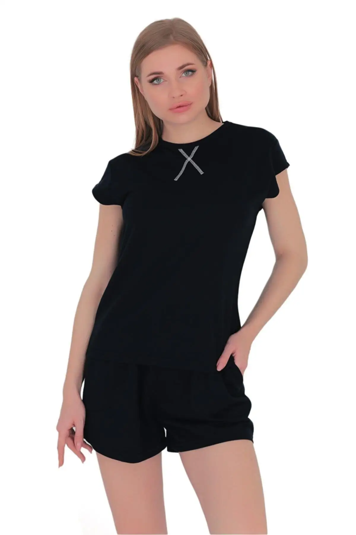 

Женская пижама, черные шорты с коротким рукавом, нижняя одежда, пижама для сна и отдыха, ночная рубашка, ночное белье, повседневная домашняя ...