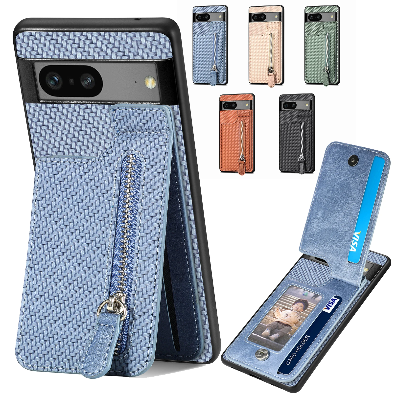 

Zipper Wallet Cards Solt Case for Google Pixel 7 7 Pro 7A 6 6Pro 6A Coin Purse Carbon Fibre Pocket Cover Car Holder Magnet Funda