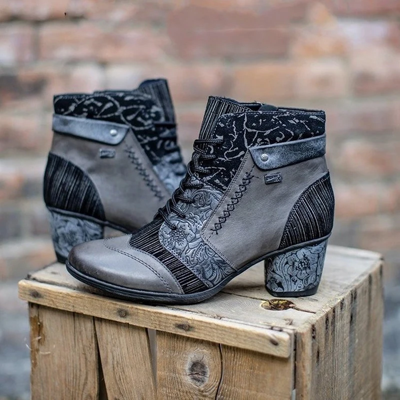 

Autumn Ankle Boots For Women Mid Heel Booties Spring Plus Size 35-43 Round Toe Leather Boots Clan Style All-match Female Botas