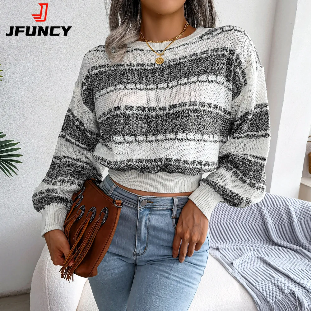

JFUNCY Fashion Women Knitted Sweater Short Knit Tops Slim Striped Sweaters Mujer Sweter 2022 Autumn Winter Long Sleeve Pullover