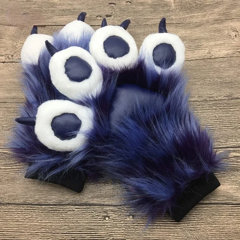 Fursuit Paws Cosplay Fluffy Claw Gloves Black Blue Furry Partial for Halloween