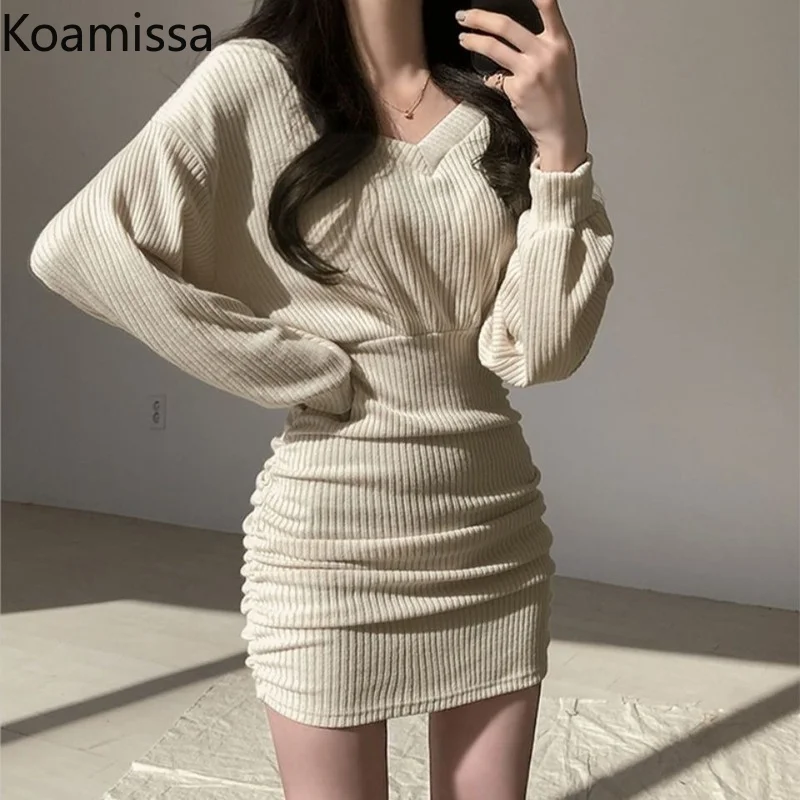 Koamissa Sexy Women Solid Bodycon Mini Short Dress Long Sleeves V Neck Dresses Office Lady Fashion Chic Korean Vestidos 2022 New