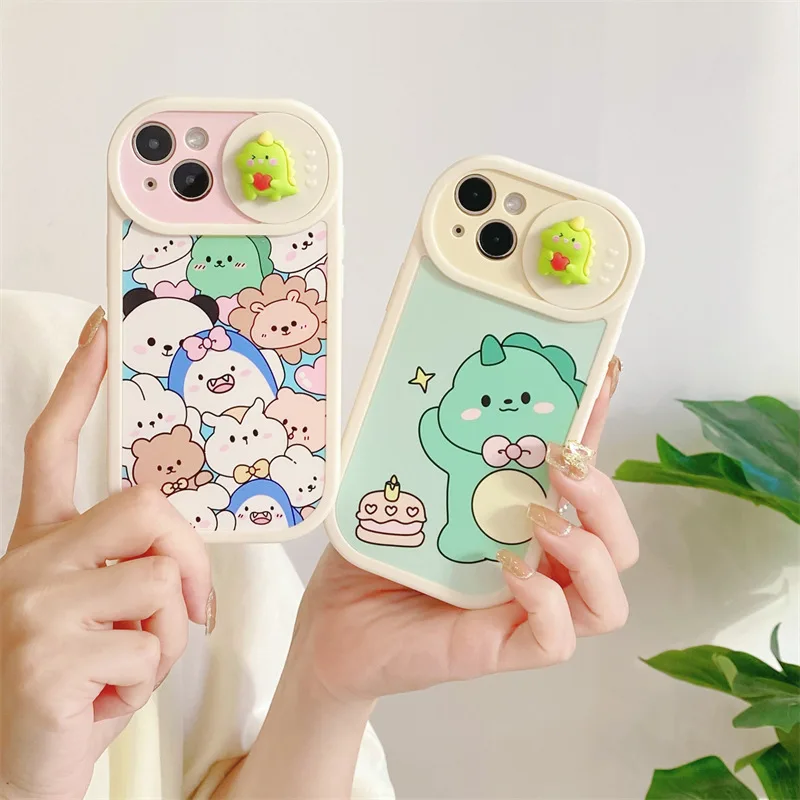 

Sliding window camera Cute dinosaur Phone Case Cover for IPhone 11 12 13 Pro X XR XS Max Shockproof Case for IPhone 13 Cases