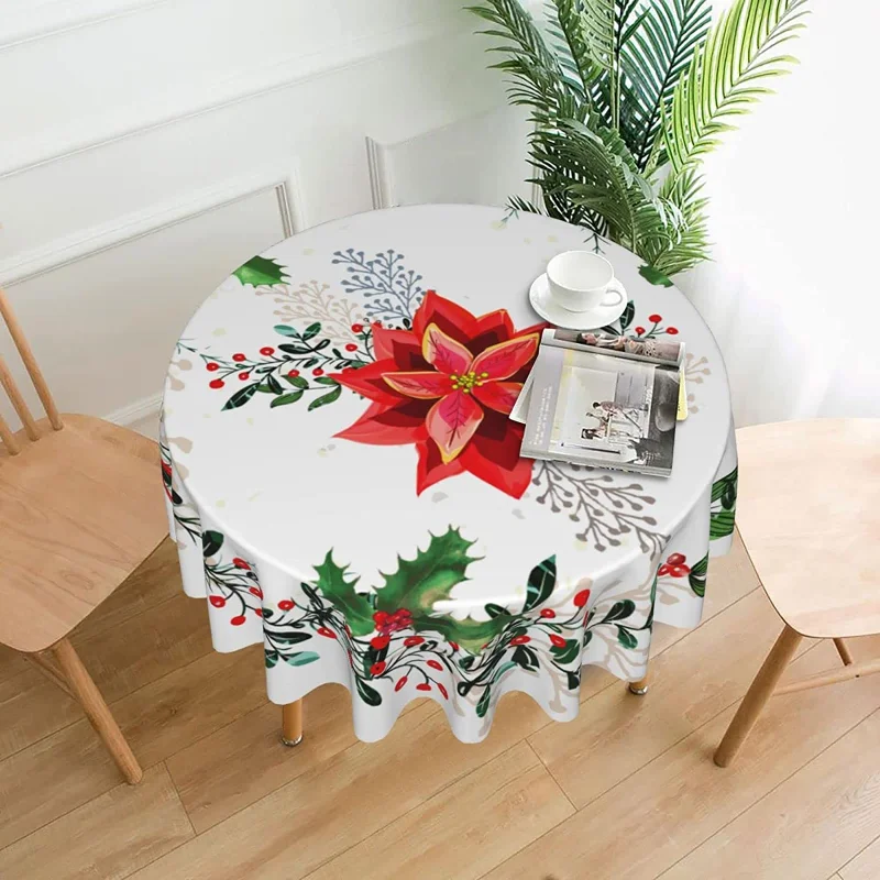 

Christmas Berries Holly Flower Round Table Cloth Washable Tablecloth Table Cover for Home Kitchen Dining Picnic Party Table Mats