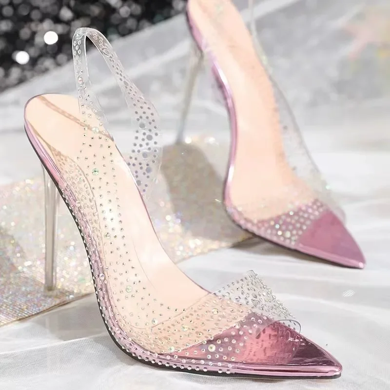 Сексуальные 2024 новые прозрачные женские туфли-лодочки из ПВХ с кристаллами и