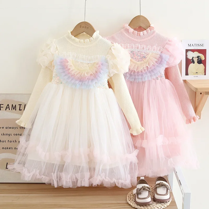 

Платье принцессы для девочек Новинка Осень-зима вязаное Сетчатое лоскутное платье для девочек платье принцессы с рукавами-фонариками