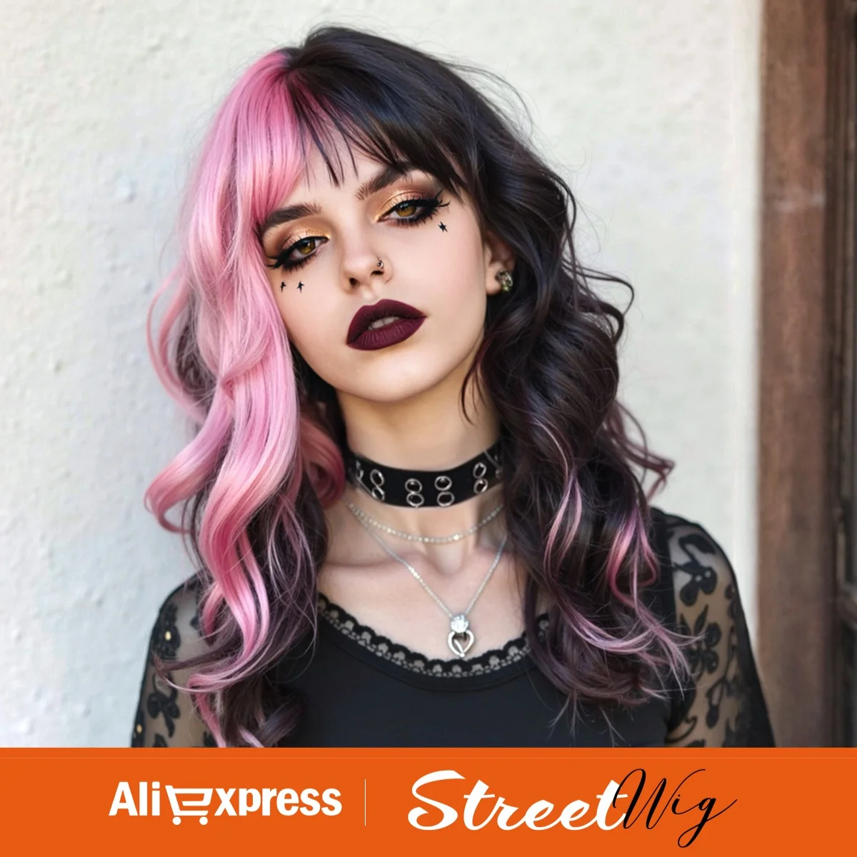 Разноцветные синтетические парики длинные черные блики розовые с челкой для