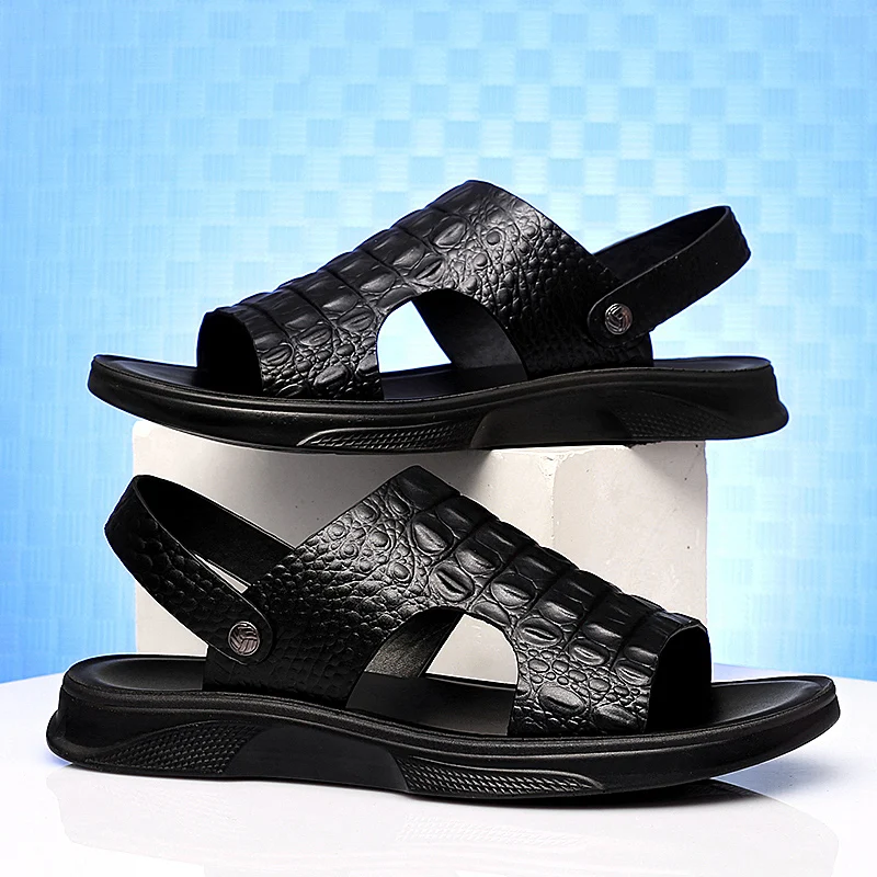 

Men's Beach Shoes Crocodile Pattern Sandals High Quality Leather Non-slip Men Slippers Breathable Two Uses Men's sandals Shoes