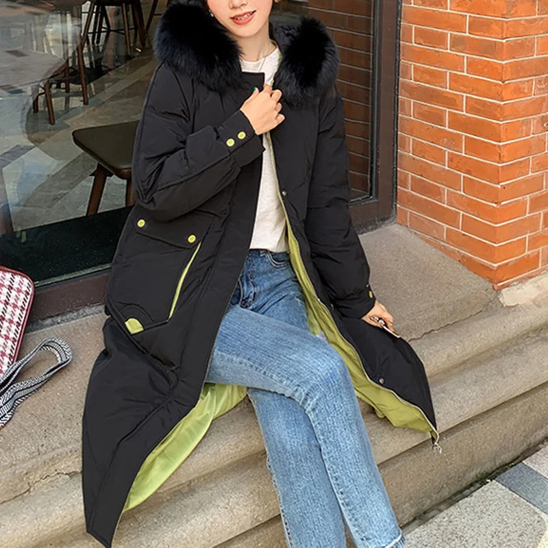 2021 Winter New Coat Ladies Color Contrast Trench Women Casual Fashion Long Warm Fur Collar Hooded Loose Overcoat Parkas Jackets