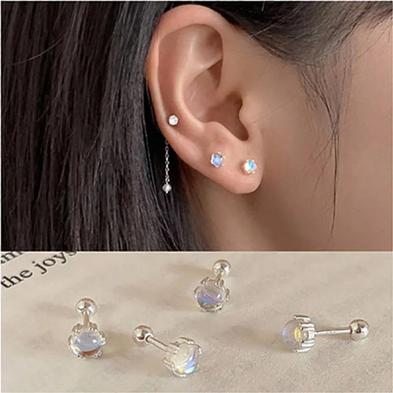 

Imitation Moonstone Helix Piercing Ear Studs for Women Korean Fashion Silver Color Classic Round Dainty Earrings Jewelry