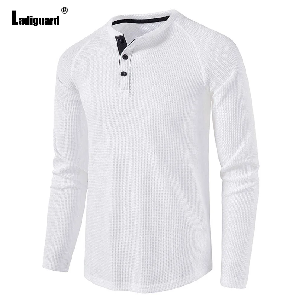 

Ladiguard Solid Waffle T-shirt Men Long Sleeves Casual Daily Shirts Clothing 2023 European Fashion Ruched Tops Homme Pullovers