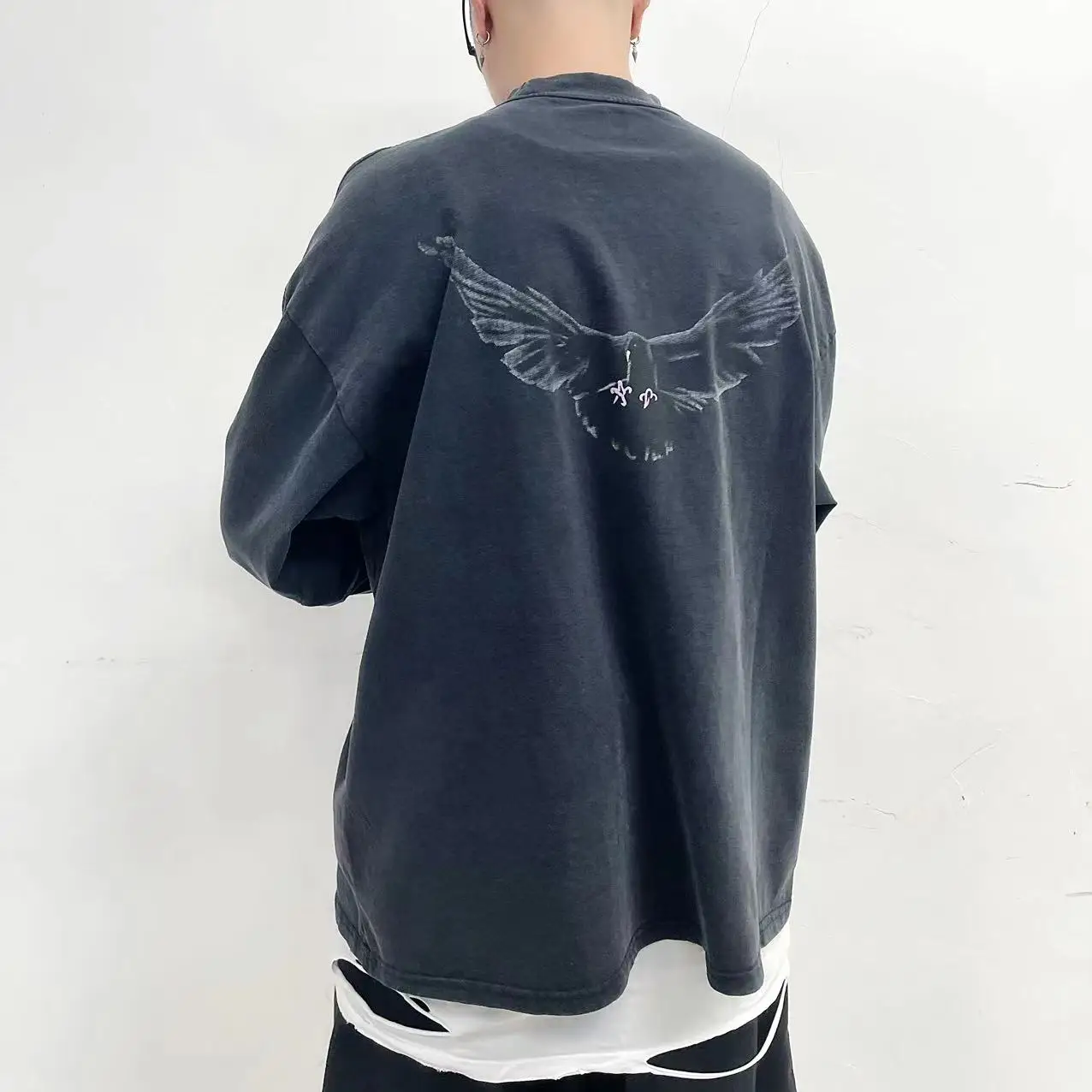 

Streetwear Best Quality Kanye West YZY Pigeon White dove Loose Oversized Vintage Long Sleeve tee Tops t-shirt For men