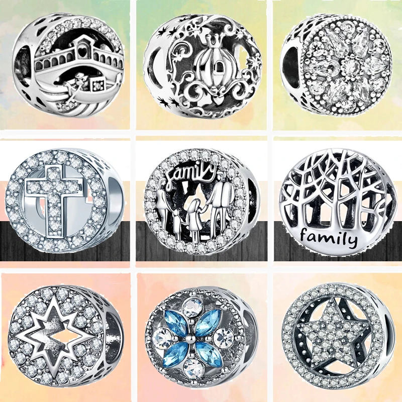 

New Hollow Tree Bridge Star Cross Pavé Sparkling Family Beads Fit Original Pandora Charm Silver Color Bracelet Women DIY Jewelry