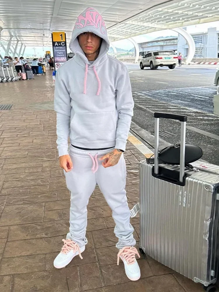 Y2k Street Мужские толстовки с капюшоном Прямые брюки Комплект из 2 предметов Хип-хоп