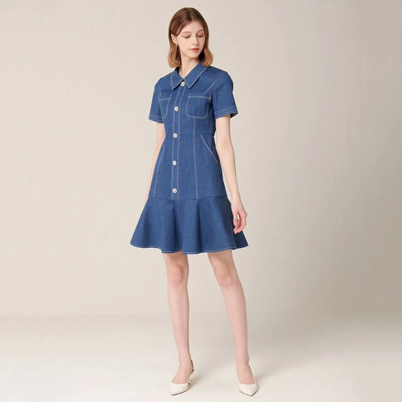 2022 New dress single breasted A-line commuting solid color horn Ruffle denim dress women's summer