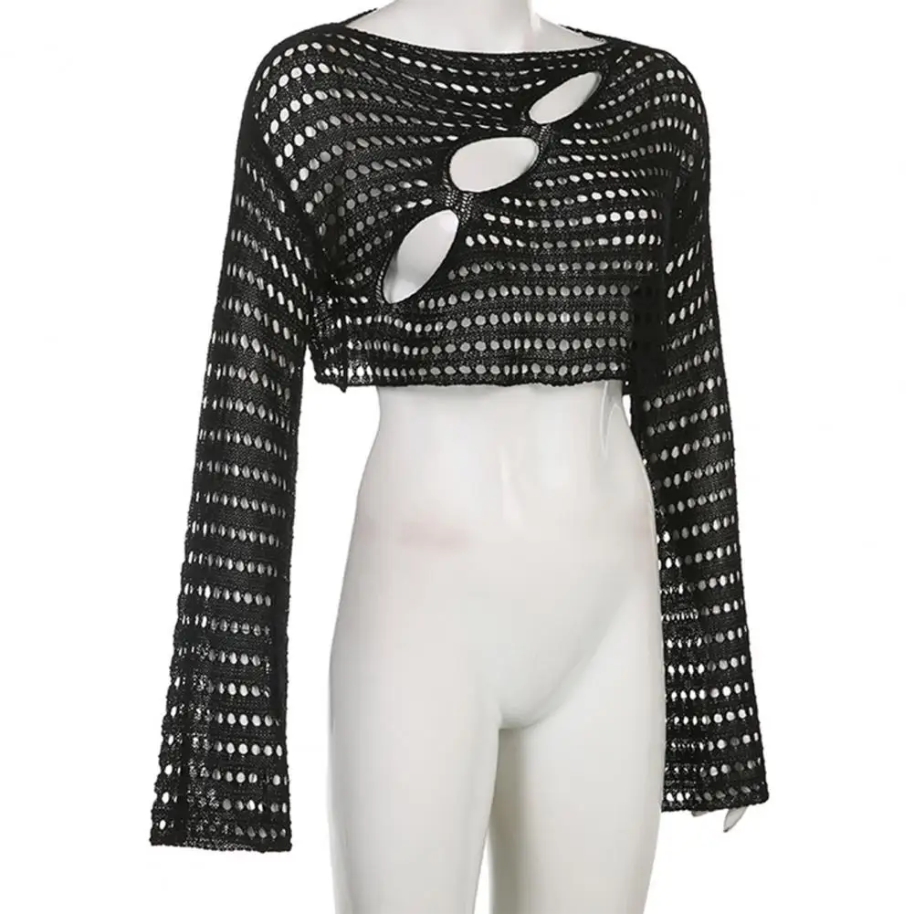 

Solid Color Skin-Touch Stretchy Perspective Cut Out Dance Knitting T-shirt Blouse Knitted Top Female Clothing