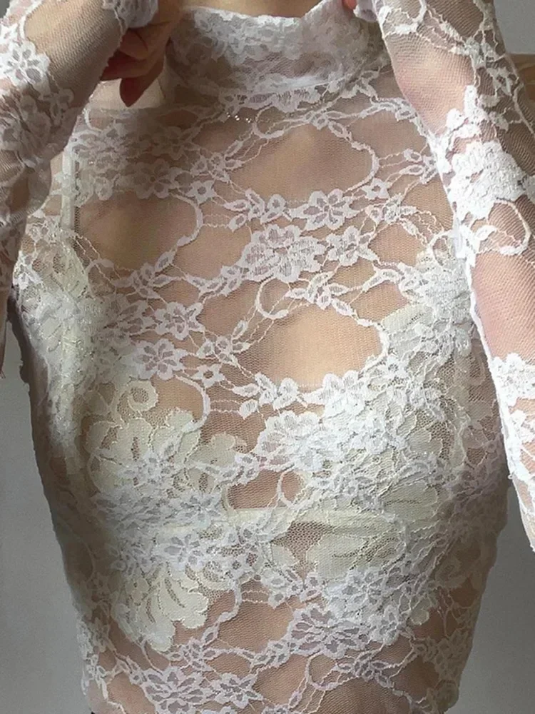 y2k Белый кружевной укороченный топ с водолазкой и длинными рукавами прозрачная