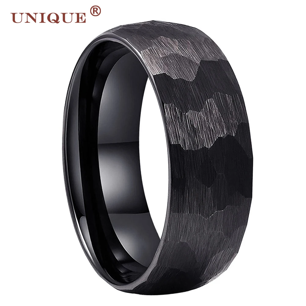 

Unique Jewel Men Black Tungsten Ring Women Wedding Band Hammered Fashion Engagement Accessories Brushed Free Name Date Engraved