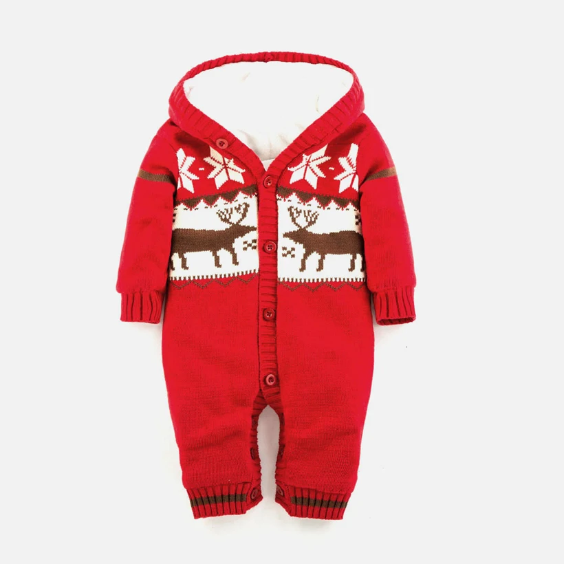 

Velvet Baby Rompers Winter Thick Baby Clothes New born Boys Girls Romper Knitted Sweater Christmas Deer Hooded Baby Outerwears