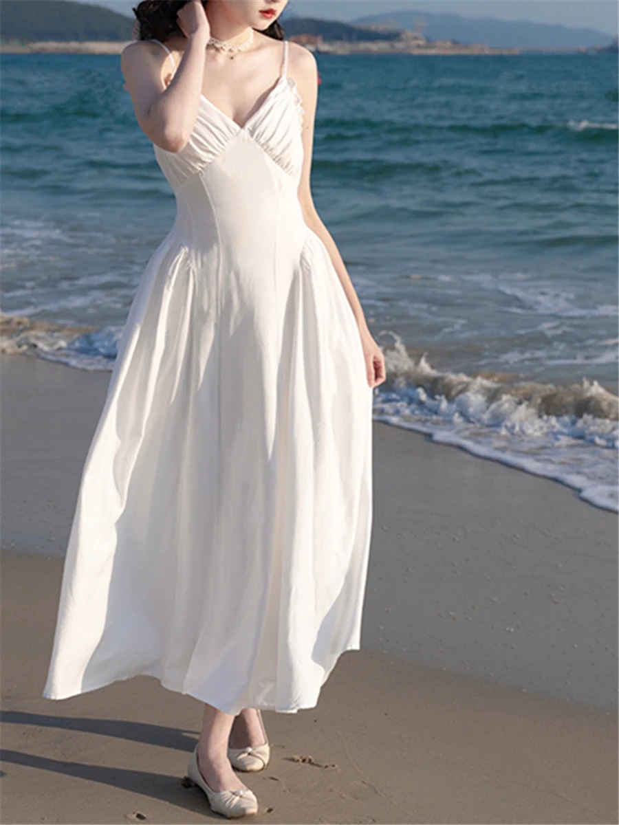 

Spaghetti Strap Dresses 2023 Summer New Women Fashion Elegant Midi White Beach Dress Vintage Evening Clothes Female Vestdios