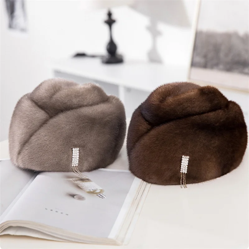 2022 Stewardess Hat True Natural Mink Bomber Hat For Russian Women Warm Fluffy Mink Hat For Winter Ladies Good Quality Fur Hat