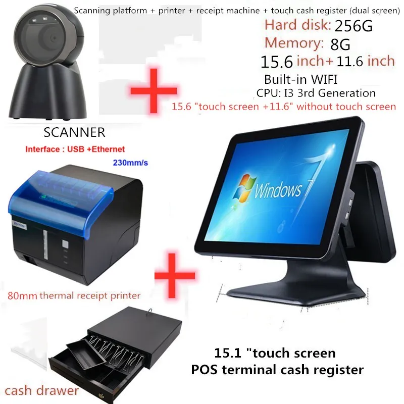 

A complete set of cash register equipment 80mm thermal printer scanner cash drawer touch cash register 15.6 inch built-in WIFI