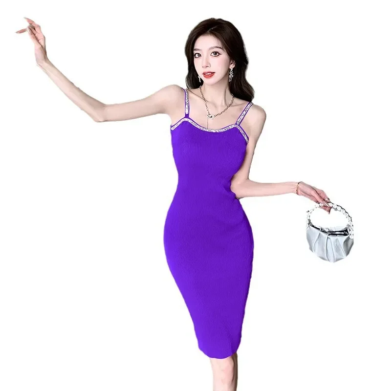 2024 Summer Women's Fashion Rhinestone Embellished Tank Dress Sexy Waist-Fitted Knit Korean Style With Backless Design