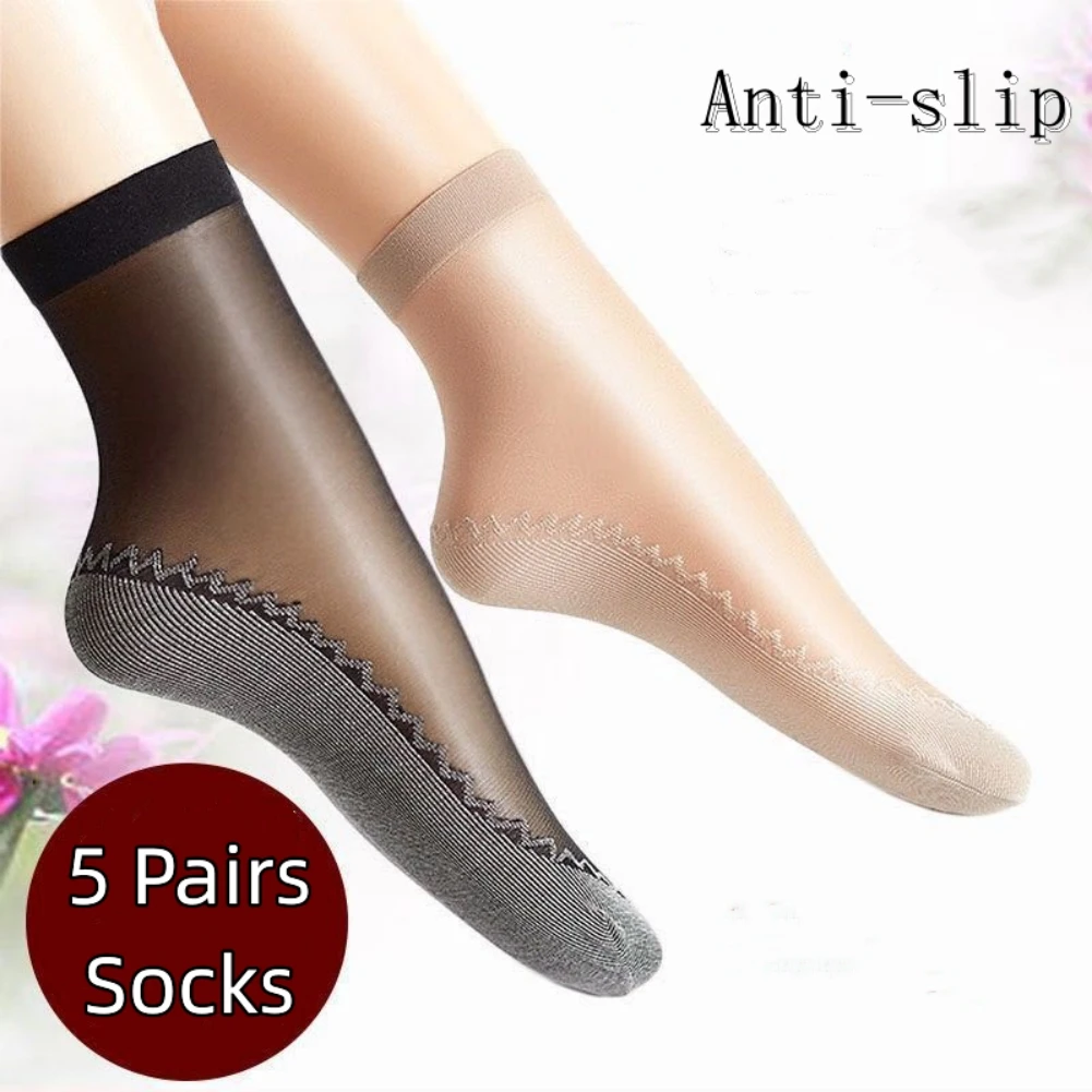 

5Pairs Spring Summer Women Soft Socks Casual Non-Slip Bottom Splice Fashion Transparent Ladies Girls Breathable Thin Silk Sock