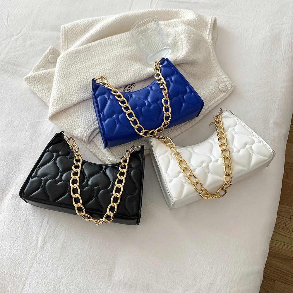 

Fashion Love Heart Embossed Handbags PU Leather Chain Shoulder Shopping Bag Casual Zipper Solid Ladies Purse Underarm Bags