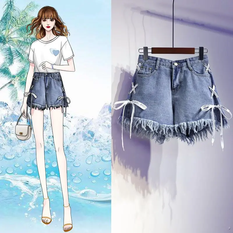 Denim Women's Spring and Summer Large Size Plump Girls High Waist Loose Wide Legs Lace-up A- line Hot Pants Fashion