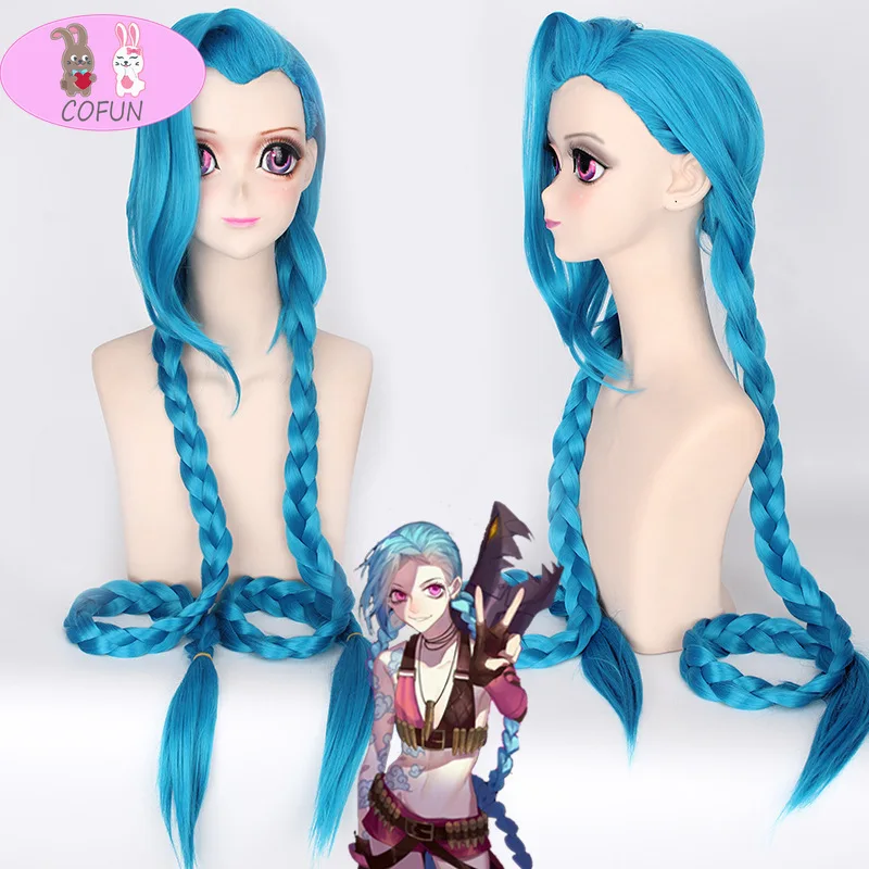 

120cm/46.8" LOL Jinx cosplay wig Jinx blue braids The Loose Cannon wig with blue plaits Jinx synthetic hair + wig cap