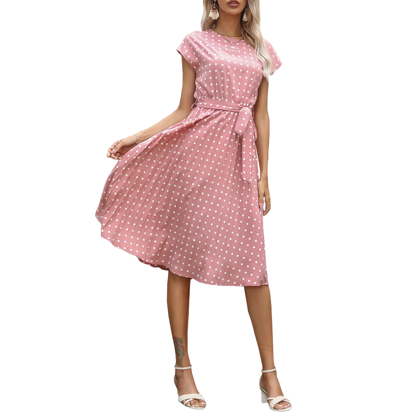 

Новое Женское платье в горошек с коротким рукавом u00a0, повседневное свободное платье с круглым вырезом и регулируемым поясом