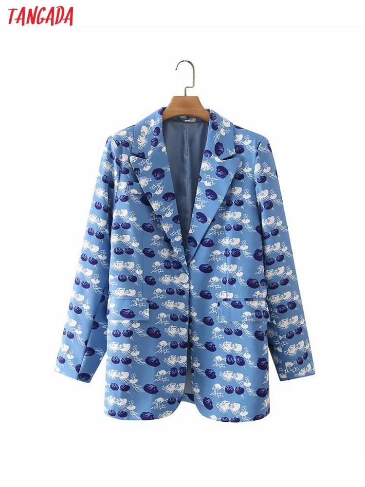 

Tangada Women Blue Print Blazer Coat Vintage Notched Collar Pocket 2021 Fashion Female Casual Chic Tops 3F62