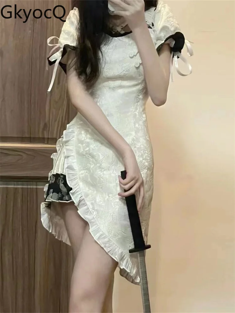 

Женское платье-Ципао GkyocQ, новое модифицированное корейское модное облегающее однотонное приталенное асимметричное платье на бедрах, лето ...