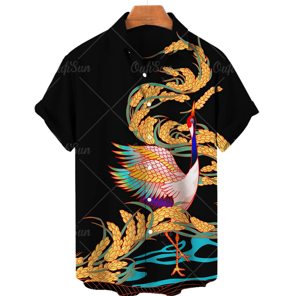 2023 Men's summer Short sleeve Animal Crane 3D Hawaiian print shirt oversized 5XL street wear beach shirt