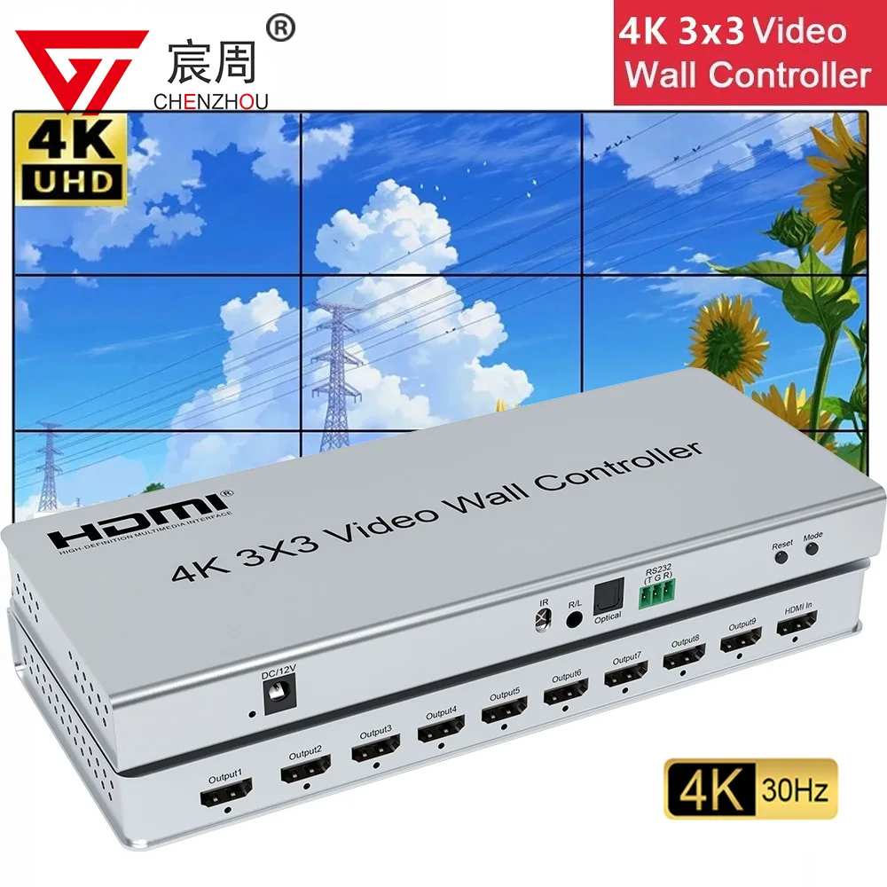 Фото Видеоконтроллер настенный 4K, 3x3 HDMI TV, сращивающаяся коробка с 1 входом, 9 выходами, процессор с экраном процессора HDMI TV и RS232 №1