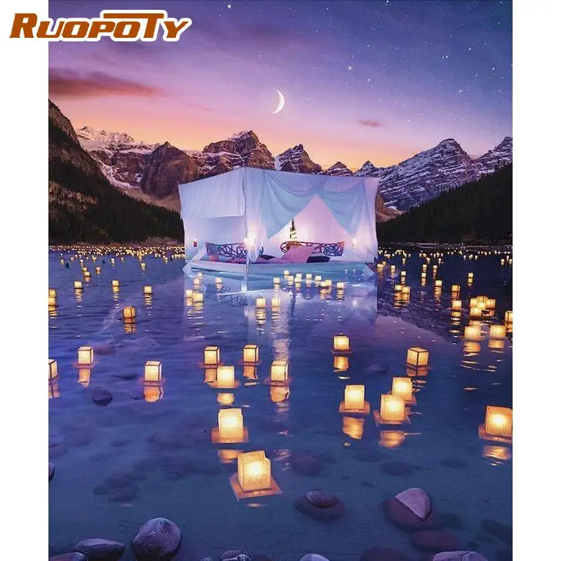 

RUOPOTY DIY Pictures By Number river lantern Drawing On Canvas Painting By Numbers Scenery Hand Painted Picture Winter Home Deco