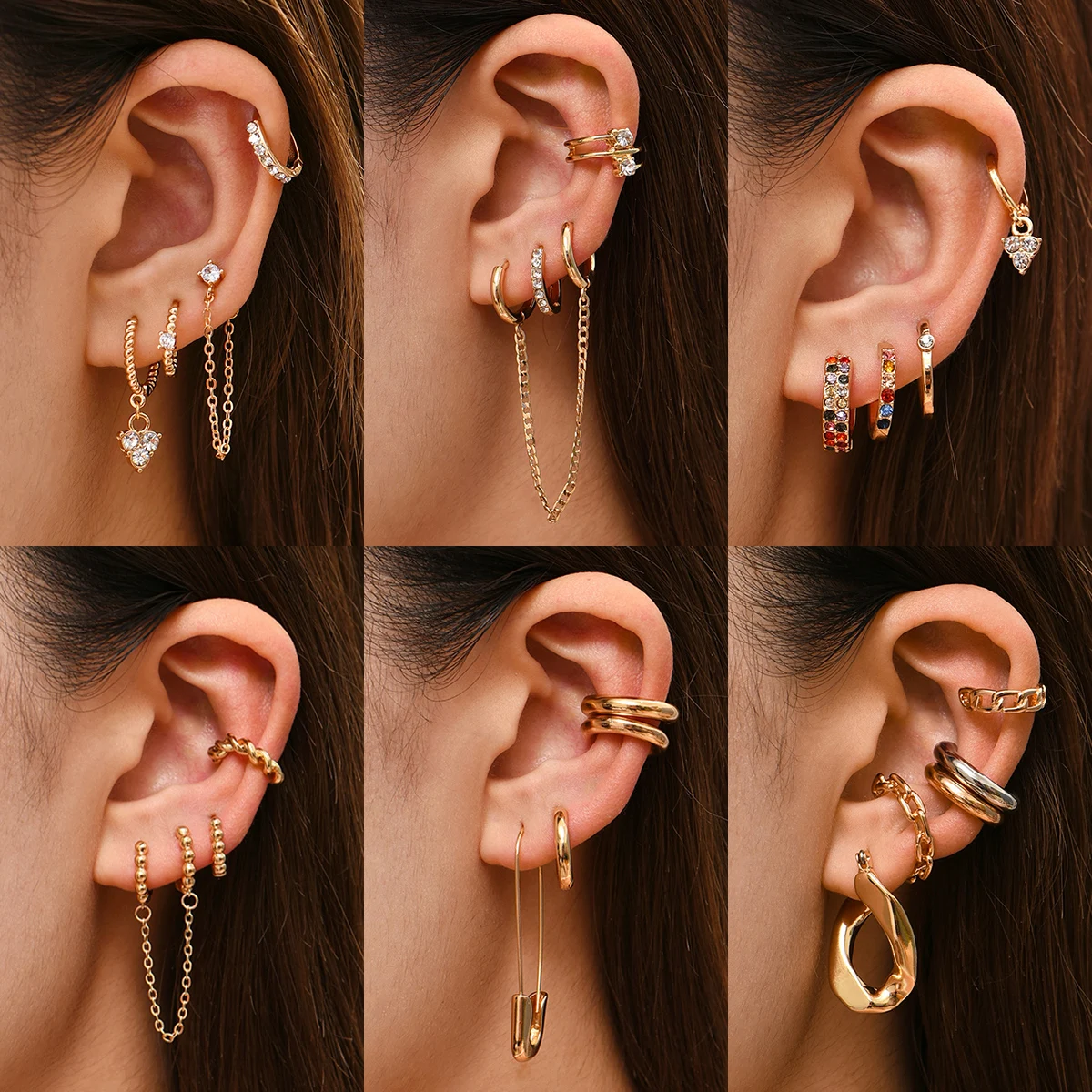 Punk Rock Helix Fake Cartilage Ear Cuff with Long Chain Circle Hoop Earrings Set for Women Tiny Piercing Huggie Earring Jewelry
