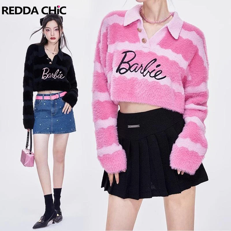 

ReddaChic Barbiegirl Polo Striped Knit Sweater Top Pink Black Mohair Cropped Jumper Pullover Fairycore Y2k Korean Women Clothes